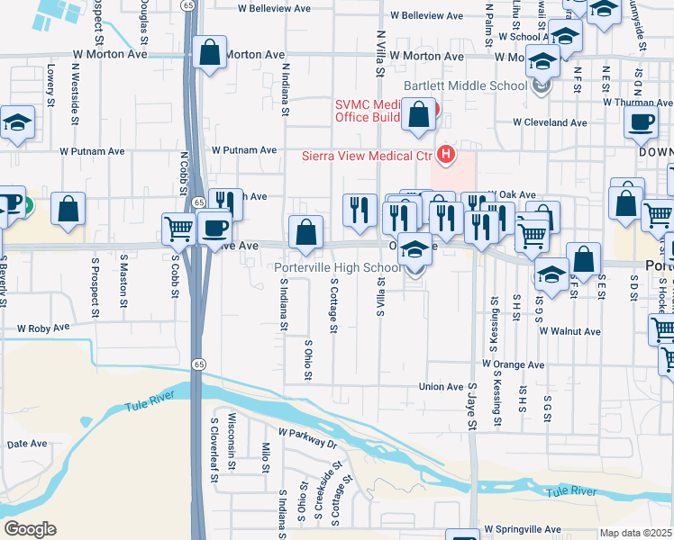 map of restaurants, bars, coffee shops, grocery stores, and more near 62 South Cottage Street in Porterville