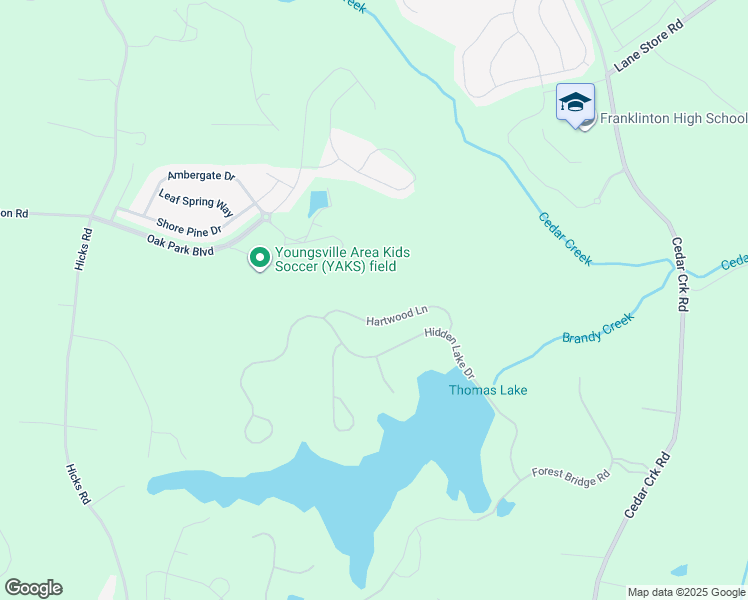 map of restaurants, bars, coffee shops, grocery stores, and more near 50 Hartwood Lane in Youngsville