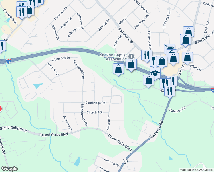 map of restaurants, bars, coffee shops, grocery stores, and more near 3015 Winston Drive in Burlington