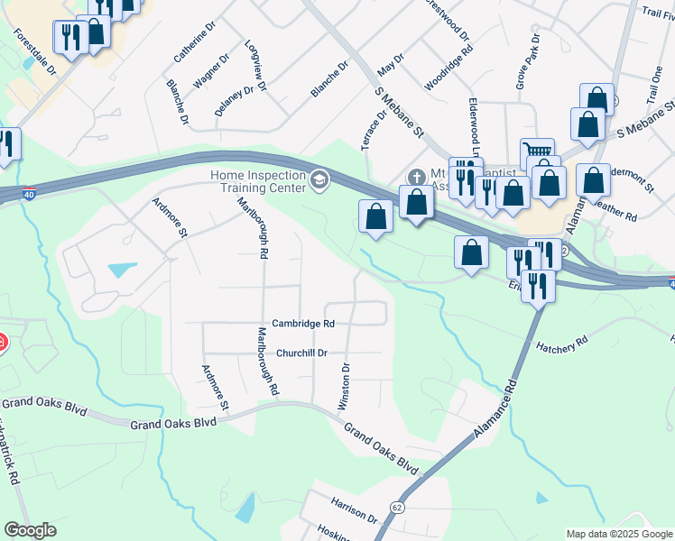 map of restaurants, bars, coffee shops, grocery stores, and more near 3015 Winston Drive in Burlington