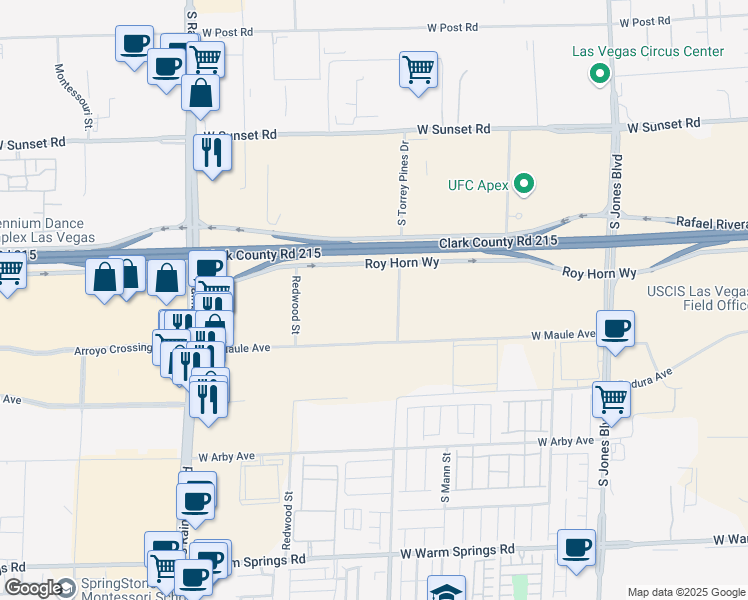 map of restaurants, bars, coffee shops, grocery stores, and more near 6800 South Torrey Pines Drive in Las Vegas