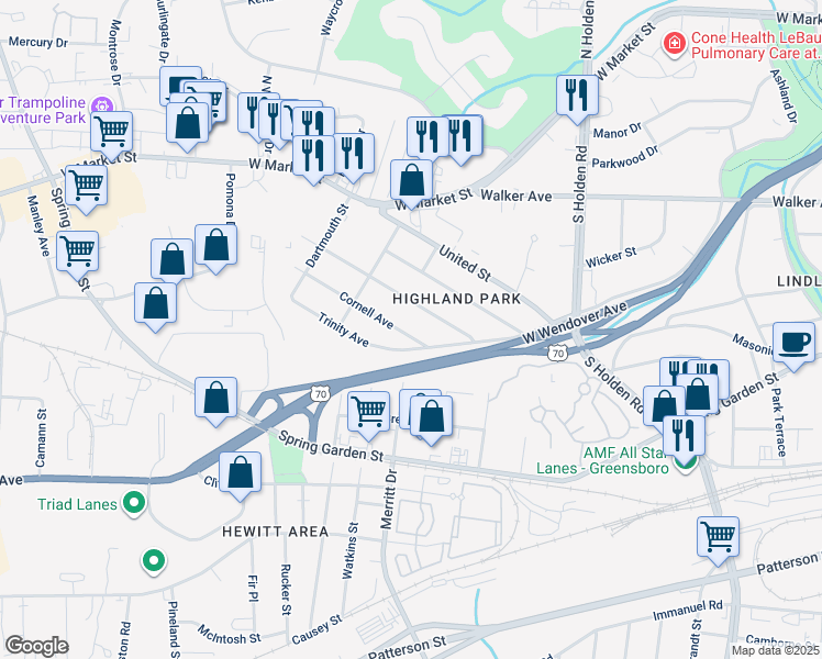 map of restaurants, bars, coffee shops, grocery stores, and more near 4304 Cornell Avenue in Greensboro