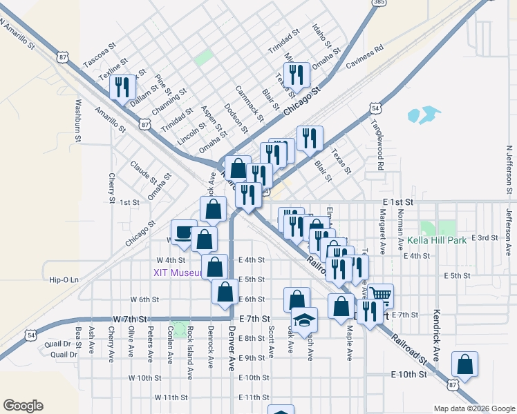 map of restaurants, bars, coffee shops, grocery stores, and more near 105 U.S. 87 in Dalhart