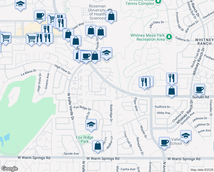 map of restaurants, bars, coffee shops, grocery stores, and more near 738 Nectarine Court in Henderson