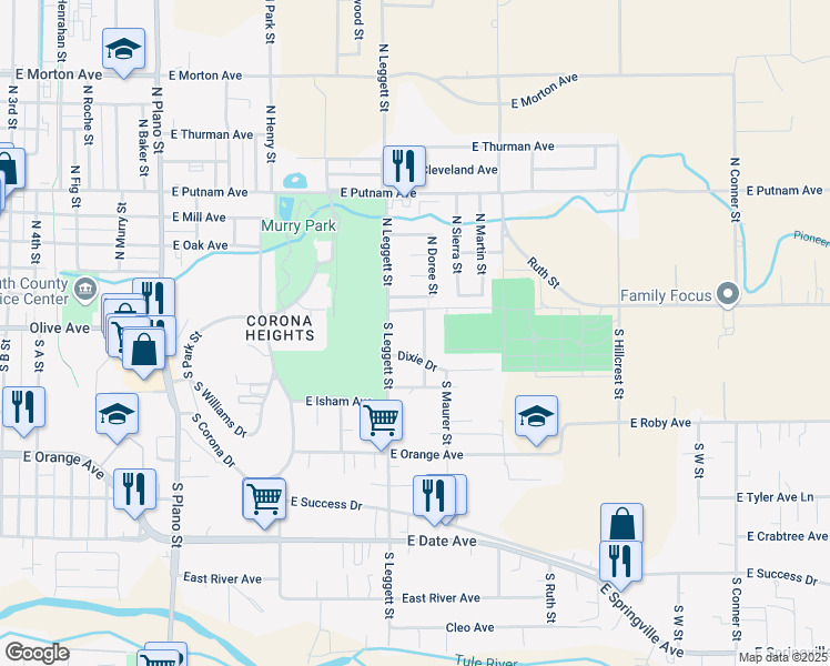 map of restaurants, bars, coffee shops, grocery stores, and more near 66 South Doree Street in Porterville