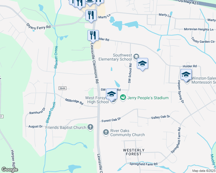 map of restaurants, bars, coffee shops, grocery stores, and more near 1725 Lewisville Clemmons Road in Clemmons