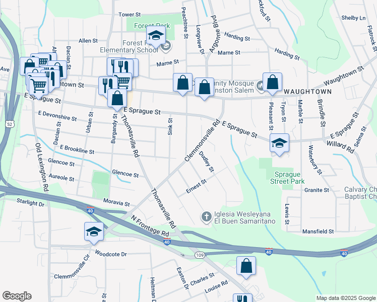 map of restaurants, bars, coffee shops, grocery stores, and more near 2515 Peachtree Street in Winston-Salem