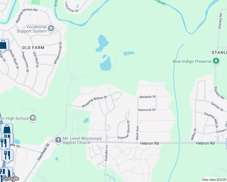 map of restaurants, bars, coffee shops, grocery stores, and more near 702 Weeping Willow Drive in Durham