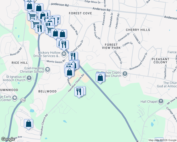 map of restaurants, bars, coffee shops, grocery stores, and more near 3106 Hamilton Church Road in Nashville