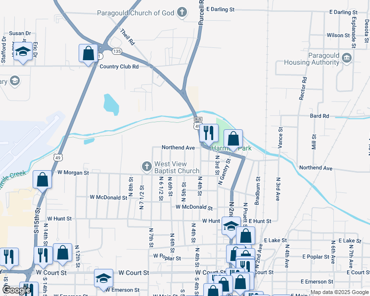map of restaurants, bars, coffee shops, grocery stores, and more near 821 North 6th Street in Paragould