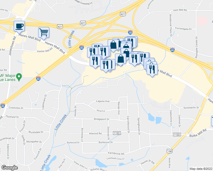 map of restaurants, bars, coffee shops, grocery stores, and more near 1101 Vista View LN in Winston-Salem