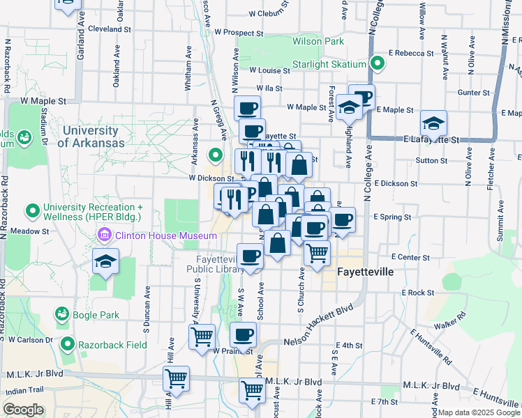 map of restaurants, bars, coffee shops, grocery stores, and more near 203 North School Avenue in Fayetteville