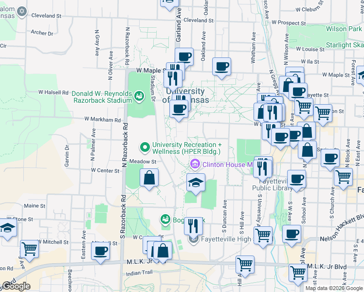 map of restaurants, bars, coffee shops, grocery stores, and more near 155 North McIlroy Avenue in Fayetteville