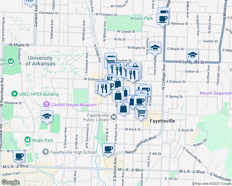 map of restaurants, bars, coffee shops, grocery stores, and more near 203 North School Avenue in Fayetteville