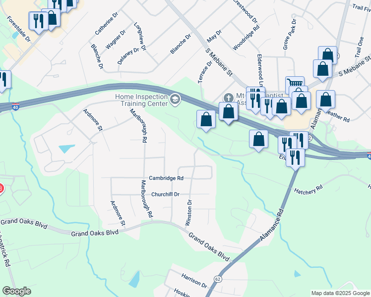 map of restaurants, bars, coffee shops, grocery stores, and more near 3015 Winston Drive in Burlington