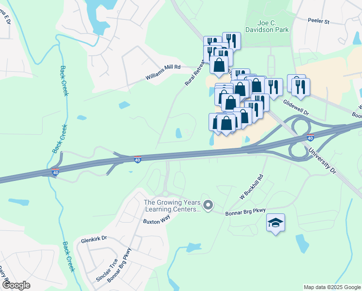 map of restaurants, bars, coffee shops, grocery stores, and more near Interstate 85 in Burlington