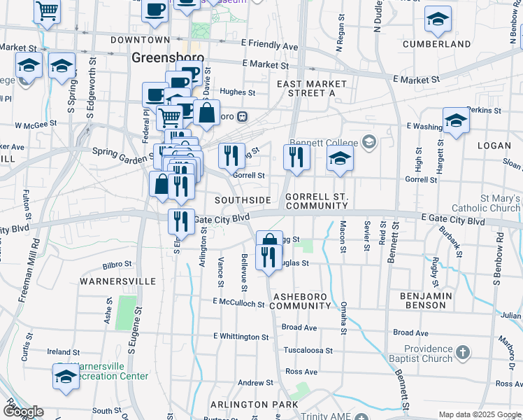 map of restaurants, bars, coffee shops, grocery stores, and more near 403 Martin Luther King Junior Drive in Greensboro