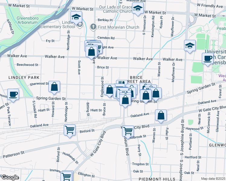 map of restaurants, bars, coffee shops, grocery stores, and more near 815 Milton Street in Greensboro