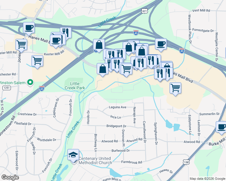 map of restaurants, bars, coffee shops, grocery stores, and more near 1101 Vista View Lane in Winston-Salem