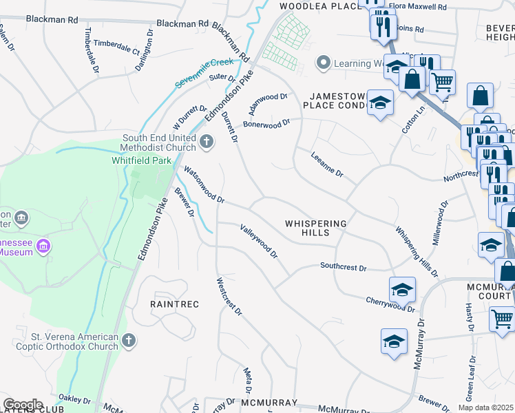 map of restaurants, bars, coffee shops, grocery stores, and more near 597 Watsonwood Drive in Nashville