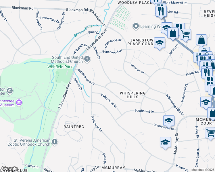 map of restaurants, bars, coffee shops, grocery stores, and more near 597 Watsonwood Drive in Nashville