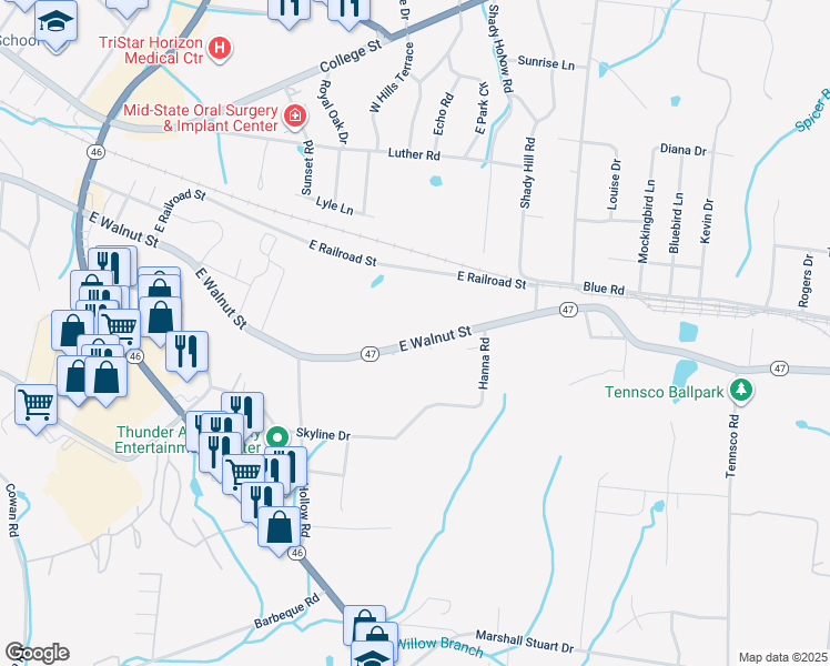 map of restaurants, bars, coffee shops, grocery stores, and more near 1155 East Walnut Street in Dickson