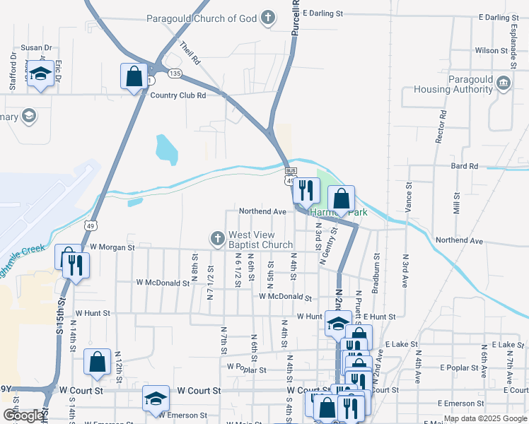 map of restaurants, bars, coffee shops, grocery stores, and more near 821 North 6th Street in Paragould