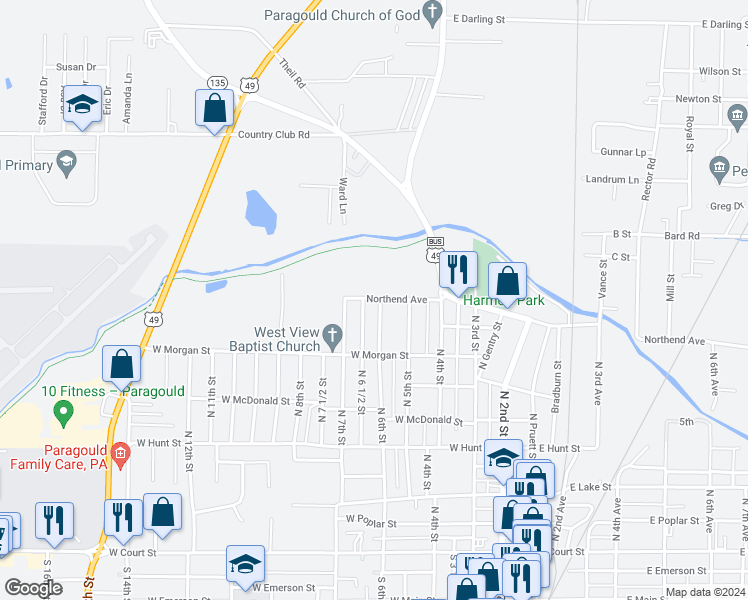 map of restaurants, bars, coffee shops, grocery stores, and more near 712 North 6 1/2 Street in Paragould