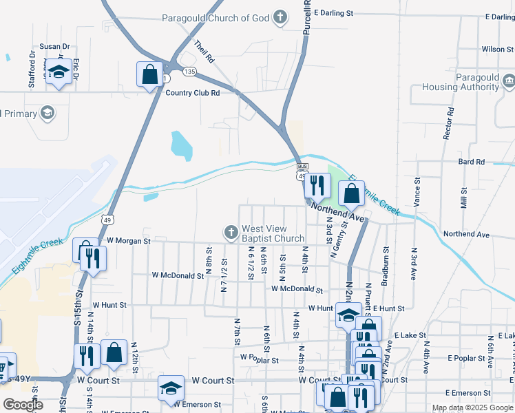 map of restaurants, bars, coffee shops, grocery stores, and more near 712 North 6 1/2 Street in Paragould