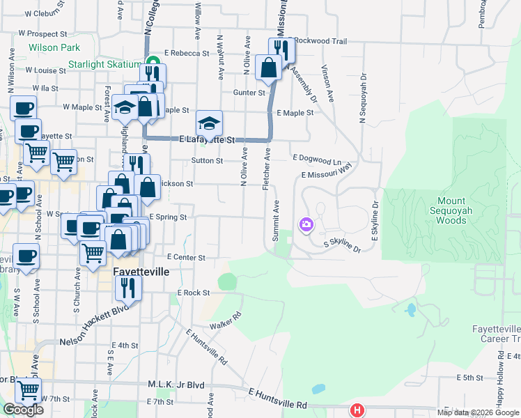 map of restaurants, bars, coffee shops, grocery stores, and more near 213 Fletcher Avenue in Fayetteville