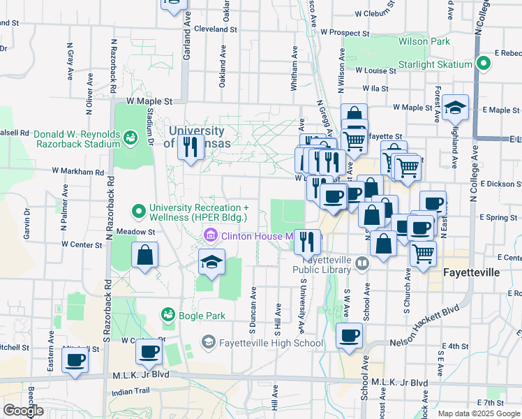 map of restaurants, bars, coffee shops, grocery stores, and more near in Fayetteville