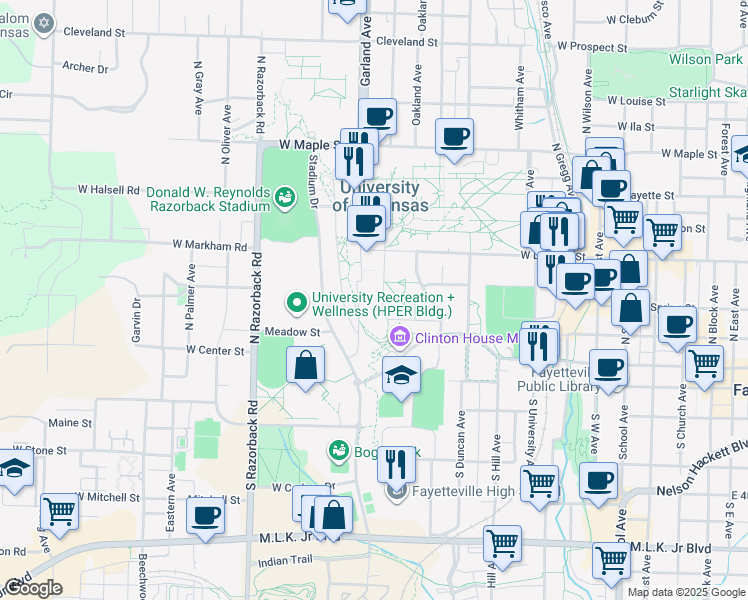 map of restaurants, bars, coffee shops, grocery stores, and more near in Fayetteville
