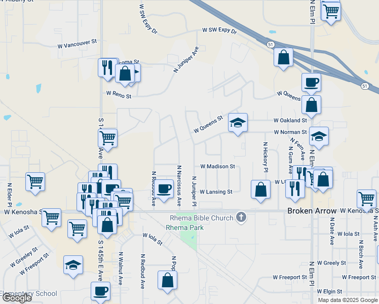 map of restaurants, bars, coffee shops, grocery stores, and more near 1208 North Juniper Place in Broken Arrow