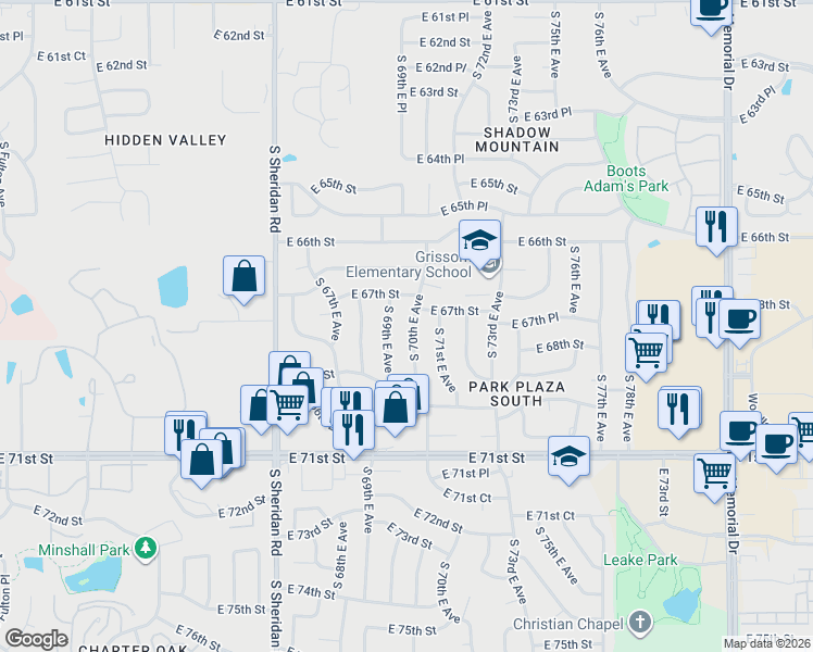 map of restaurants, bars, coffee shops, grocery stores, and more near 6745 South 69th East Avenue in Tulsa