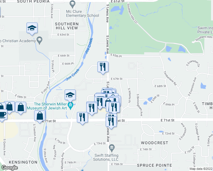 map of restaurants, bars, coffee shops, grocery stores, and more near 6744 South Lewis Avenue in Tulsa