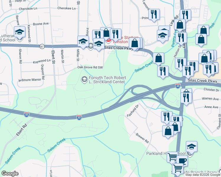 map of restaurants, bars, coffee shops, grocery stores, and more near 138 Weatherwood Court in Winston-Salem