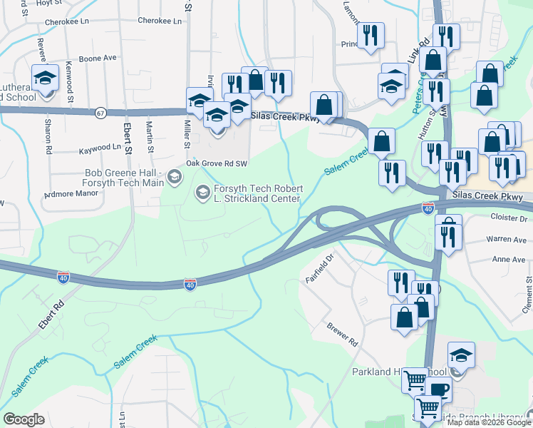 map of restaurants, bars, coffee shops, grocery stores, and more near 138 Weatherwood Court in Winston-Salem