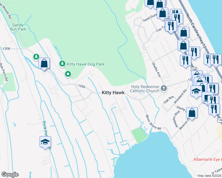 map of restaurants, bars, coffee shops, grocery stores, and more near 800 West Kitty Hawk Road in Kitty Hawk