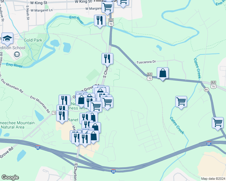 map of restaurants, bars, coffee shops, grocery stores, and more near 240 Orange Grove Street in Hillsborough