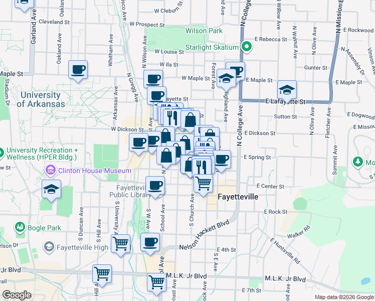 map of restaurants, bars, coffee shops, grocery stores, and more near 241 West Spring Street in Fayetteville