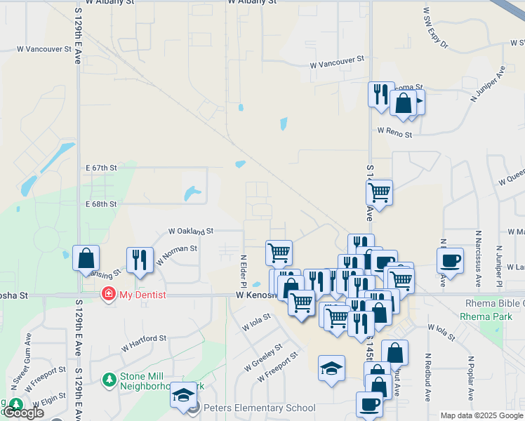 map of restaurants, bars, coffee shops, grocery stores, and more near 2602 West Oakland Place in Broken Arrow
