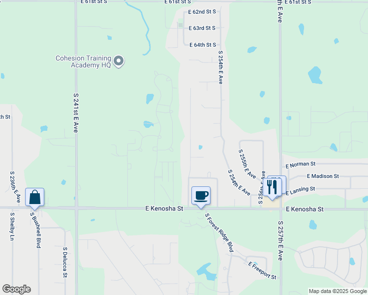 map of restaurants, bars, coffee shops, grocery stores, and more near 6830 South 250th East Avenue in Broken Arrow