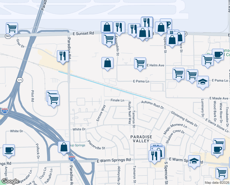 map of restaurants, bars, coffee shops, grocery stores, and more near 1354 Finale Lane in Las Vegas