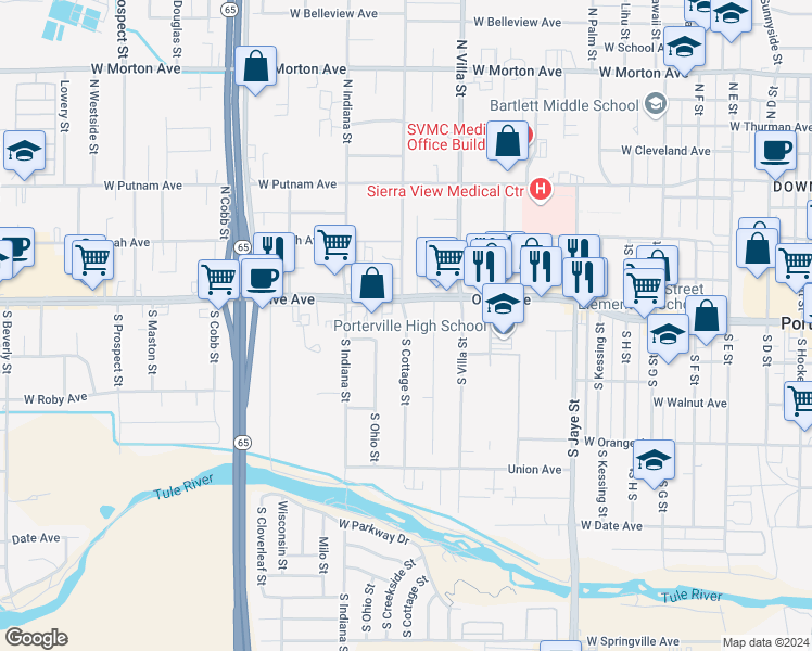 map of restaurants, bars, coffee shops, grocery stores, and more near 54 South Cottage Street in Porterville