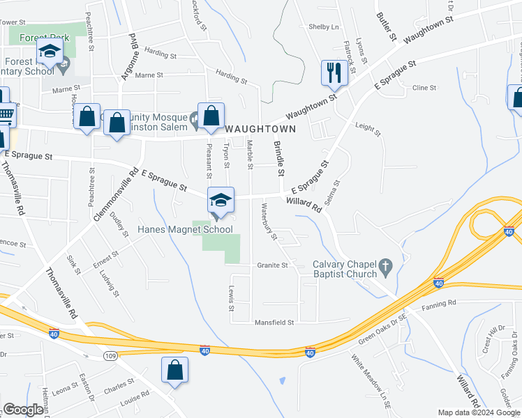 map of restaurants, bars, coffee shops, grocery stores, and more near 2314 Waterbury Street in Winston-Salem