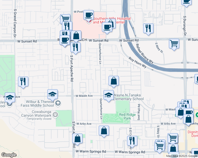 map of restaurants, bars, coffee shops, grocery stores, and more near 6783 Quarterhorse Lane in Las Vegas
