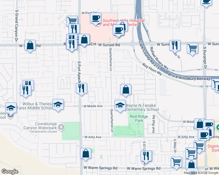 map of restaurants, bars, coffee shops, grocery stores, and more near 6783 Quarterhorse Lane in Las Vegas