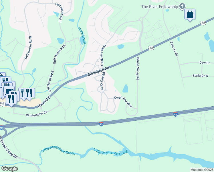map of restaurants, bars, coffee shops, grocery stores, and more near 1027 Oak Blossom Way in Whitsett