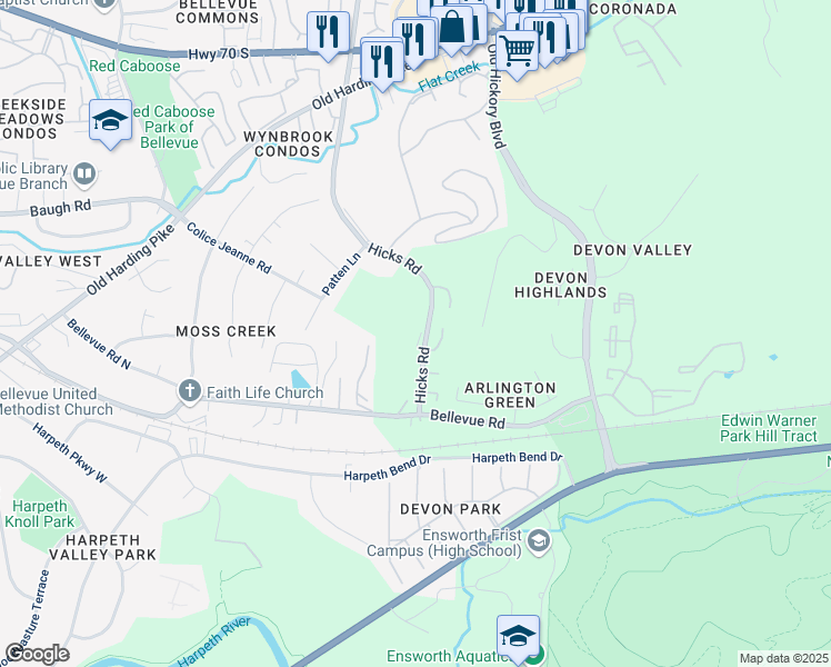 map of restaurants, bars, coffee shops, grocery stores, and more near 165 Hicks Road in Nashville