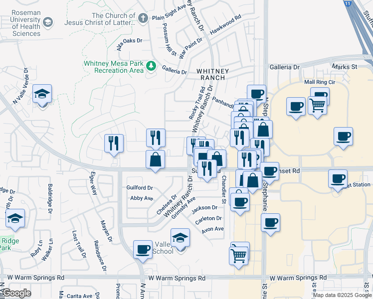 map of restaurants, bars, coffee shops, grocery stores, and more near a601 Whitney Ranch Drive in Henderson